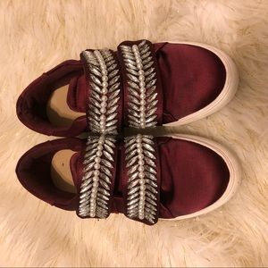 Burgundy Silk Crystal and pearl sneakers
